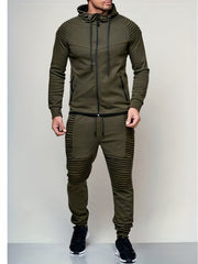 Men's Solid Color Long Sleeve Straps Sweatsuits Hoodie Zip Pockets Top