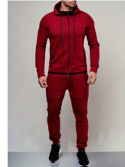 Men's Solid Color Long Sleeve Straps Sweatsuits Hoodie Zip Pockets Top