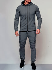 Men's Solid Color Long Sleeve Straps Sweatsuits Hoodie Zip Pockets Top