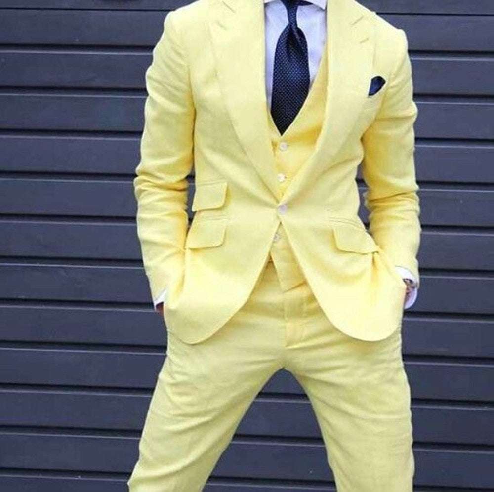 -piece Yellow Blazer Suits Slim Fit Groom Dress Custom SuitsMen's Three-piece Yellow Blazer Suits Slim Fit Groom Dress Custom Suit