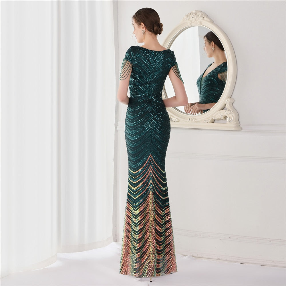 Neck Mermaid Evening Dress Long Luxury Beads Women Party DressesElegant V Neck Mermaid Evening Dress Long Luxury Beads Women Party Dre