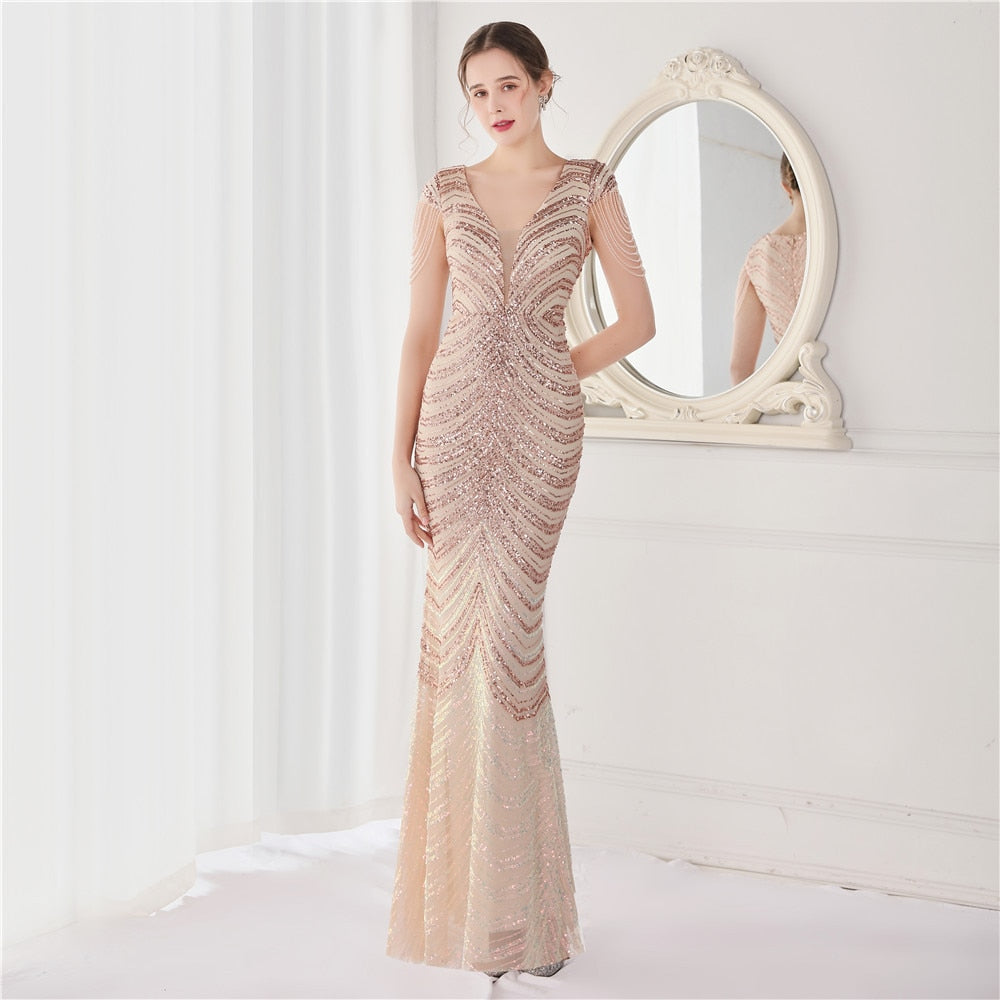 Neck Mermaid Evening Dress Long Luxury Beads Women Party DressesElegant V Neck Mermaid Evening Dress Long Luxury Beads Women Party Dre