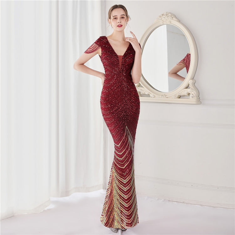 Neck Mermaid Evening Dress Long Luxury Beads Women Party DressesElegant V Neck Mermaid Evening Dress Long Luxury Beads Women Party Dre