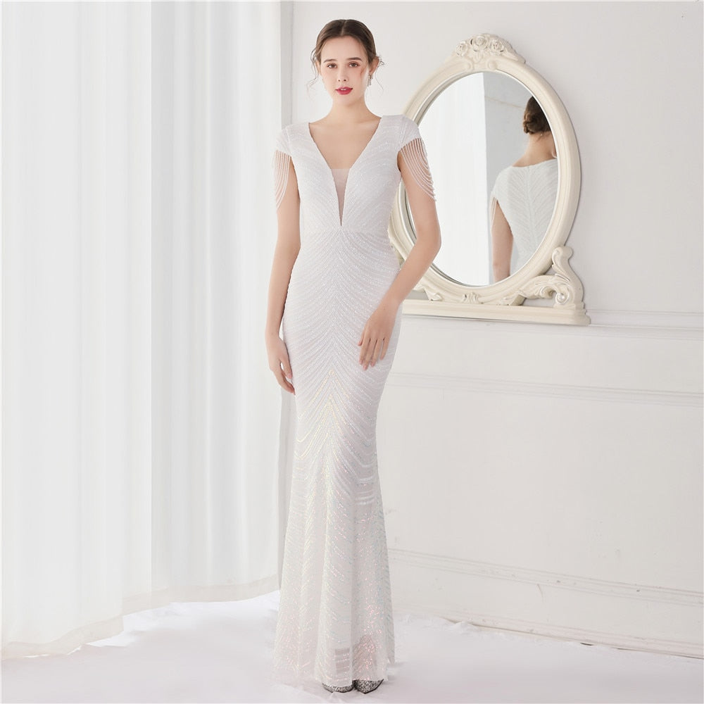 Neck Mermaid Evening Dress Long Luxury Beads Women Party DressesElegant V Neck Mermaid Evening Dress Long Luxury Beads Women Party Dre