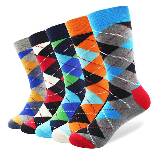 Colorful Funny Argyle Combed Cotton SocksFive Pair lot Men&