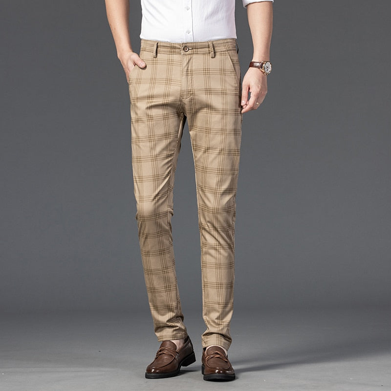 Wood Brand Autumn Plaid Pants Men Cotton Formal Work Business Pants - Acapparelstore