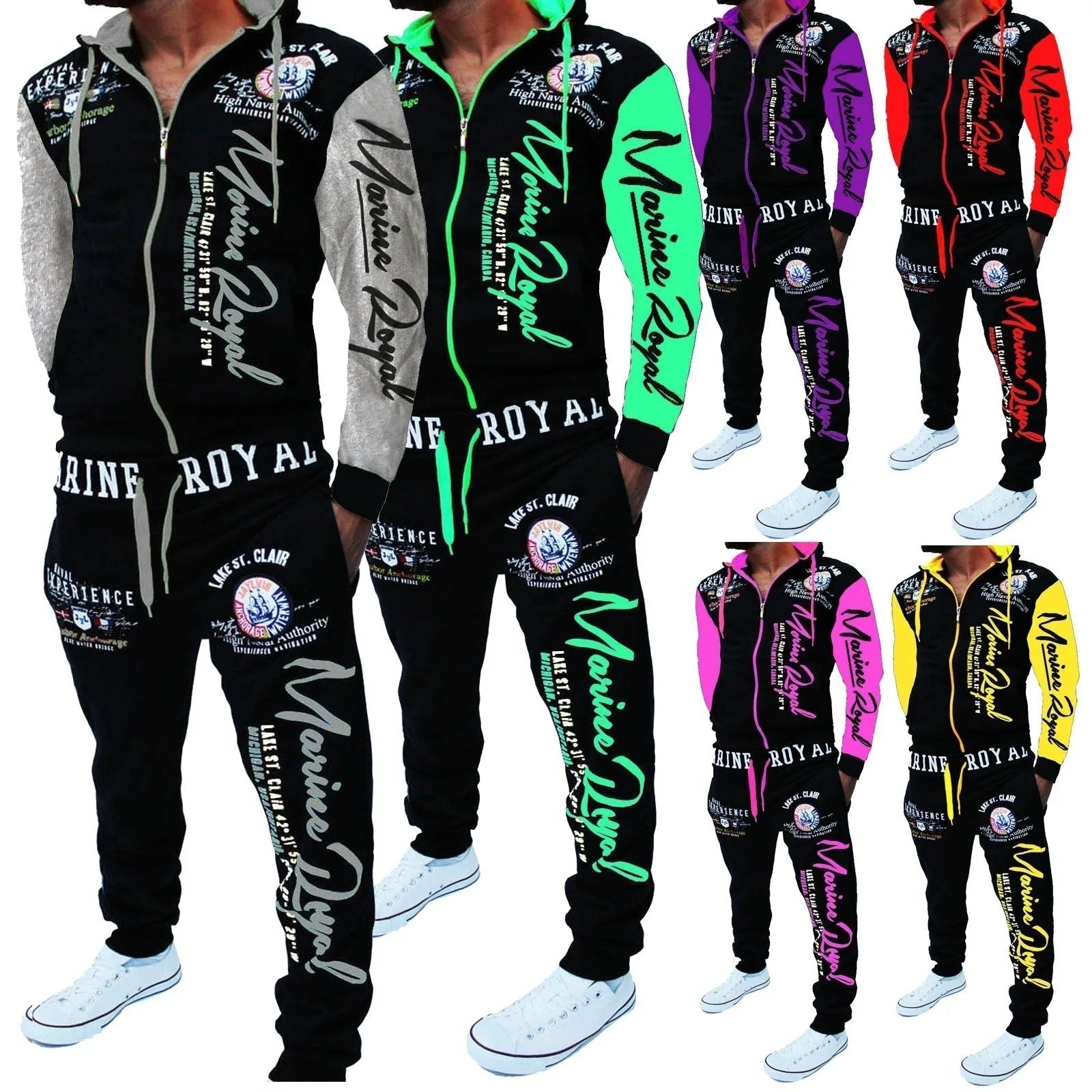 Free Shipping Men's Letter Print Hoodie Zipper Sweatshirt Pants Set