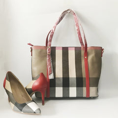 Striped Style Soft Pumps Shoes Match Big Handbag SetsWomen's Striped Style Soft Pumps Shoes Match Big Handbag Sets