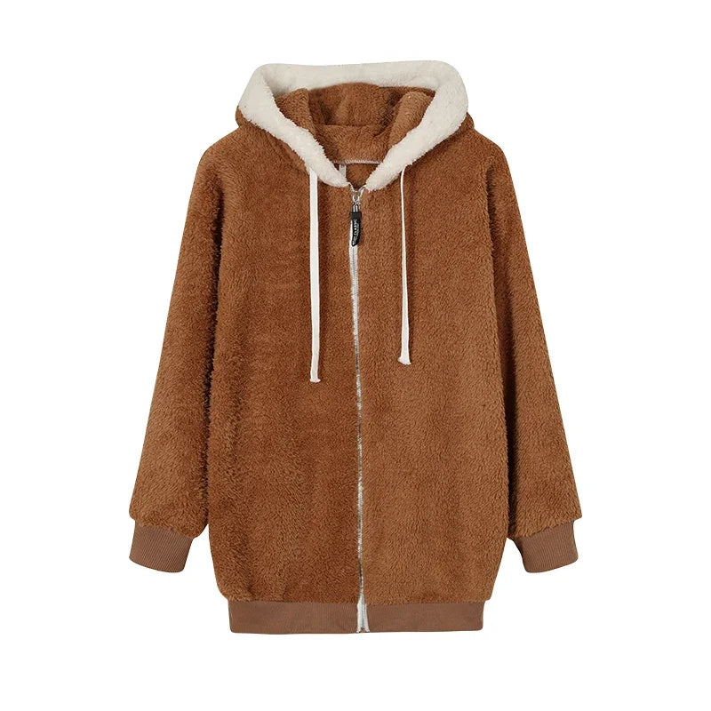 Jacket Loose Plush Zipper Hooded JacketNew Style Autumn Winter Women&