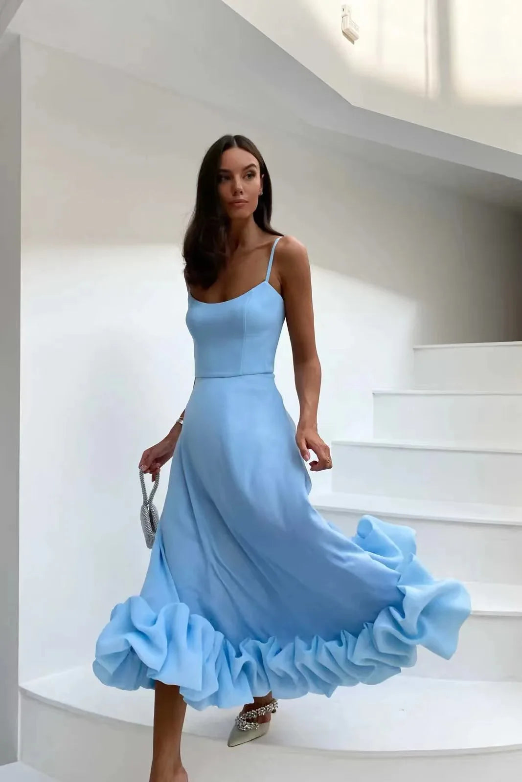 Elegant Ruffle Solid Sling Long Dress