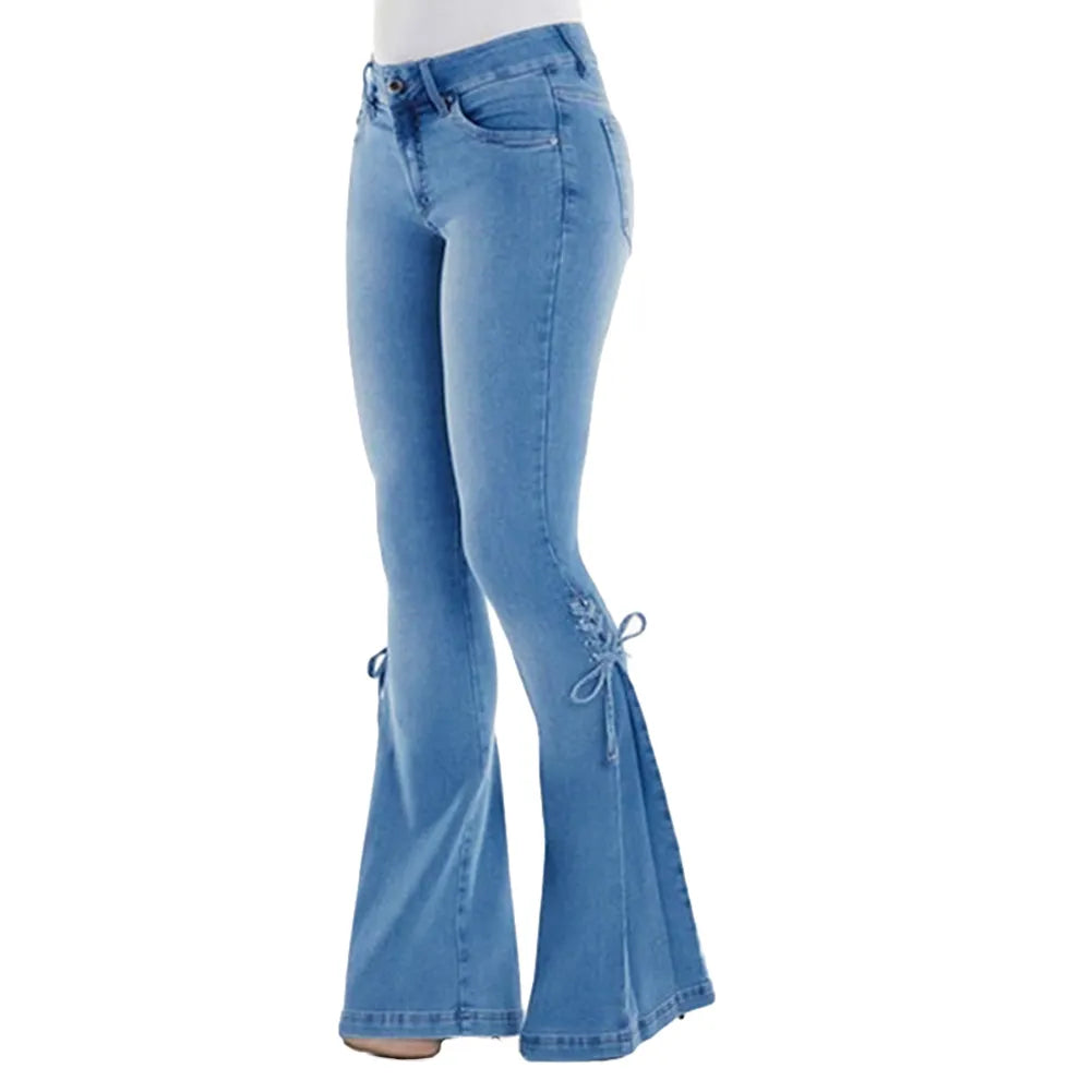 Mid Waisted Stretch Flare Jeans Women'Mid Waisted Stretch Flare Jeans Women's Denim Pants Wide Leg