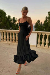 Elegant Ruffle Solid Sling Long Dress