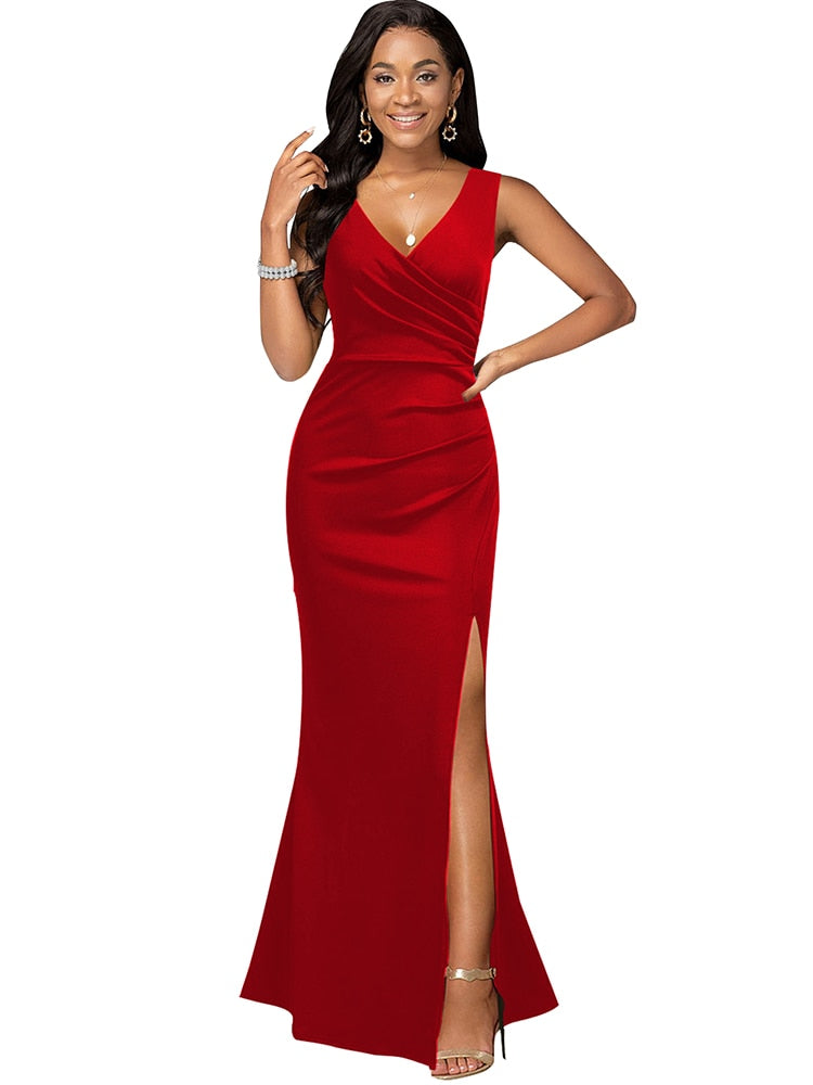 Prom Summer Dresses Women Solid V-neck Sleeveless Split Dresses - Acapparelstore