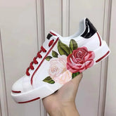 Flats Casual Shoes White Sports Shoes Rose Flowers AppliquesWomen&