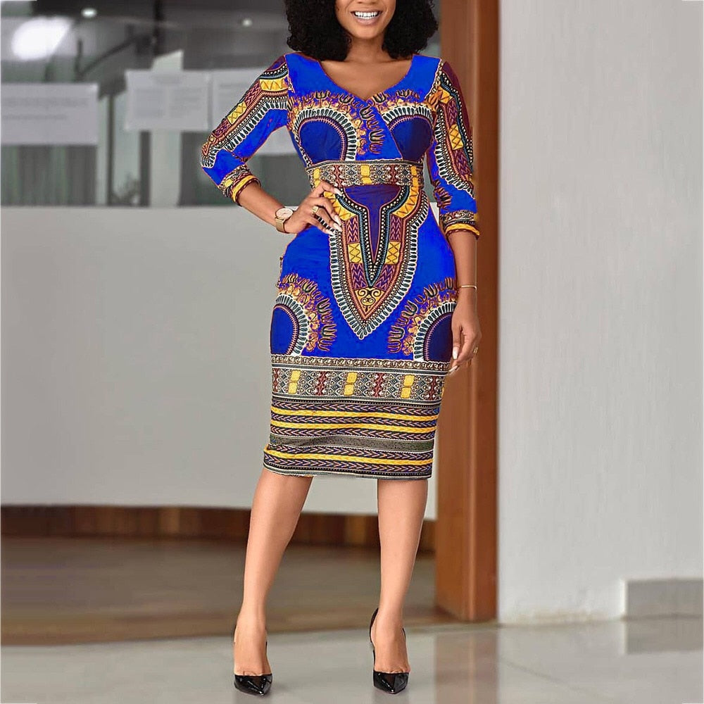 African Ladies Dresses Elegant Wrist High Waist V Neck Vintage Working Dress - Acapparelstore