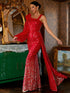 Red Wedding Formal Dress WomenNew Red Wedding Formal Dress Women One Shoulder Mesh Lantern Sleeve Dr