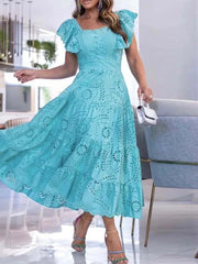 Solid Elegant Slimming Dress Women Square Collar Flying Sleeve Dress