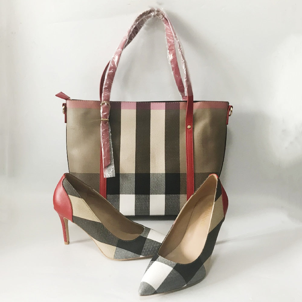Striped Style Soft Pumps Shoes Match Big Handbag SetsWomen&