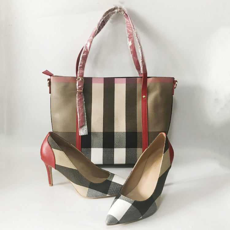 Striped Style Soft Pumps Shoes Match Big Handbag SetsWomen&