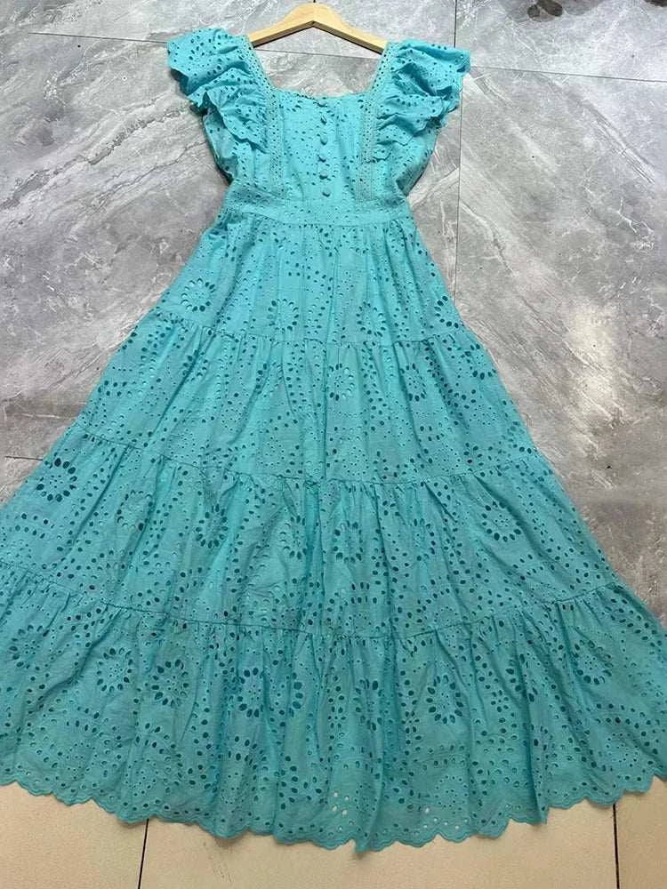 Solid Elegant Slimming Dress Women Square Collar Flying Sleeve Dress