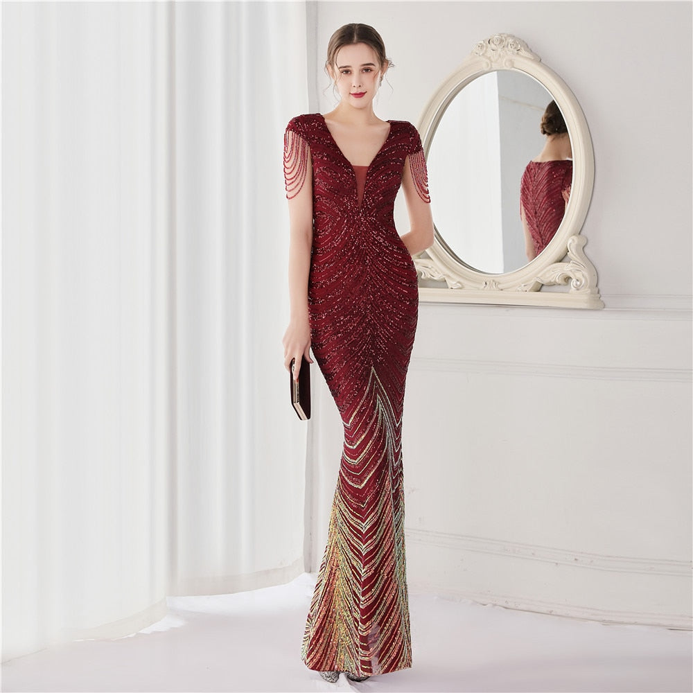 Neck Mermaid Evening Dress Long Luxury Beads Women Party DressesElegant V Neck Mermaid Evening Dress Long Luxury Beads Women Party Dre