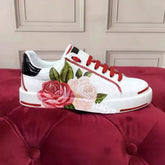 Flats Casual Shoes White Sports Shoes Rose Flowers AppliquesWomen&