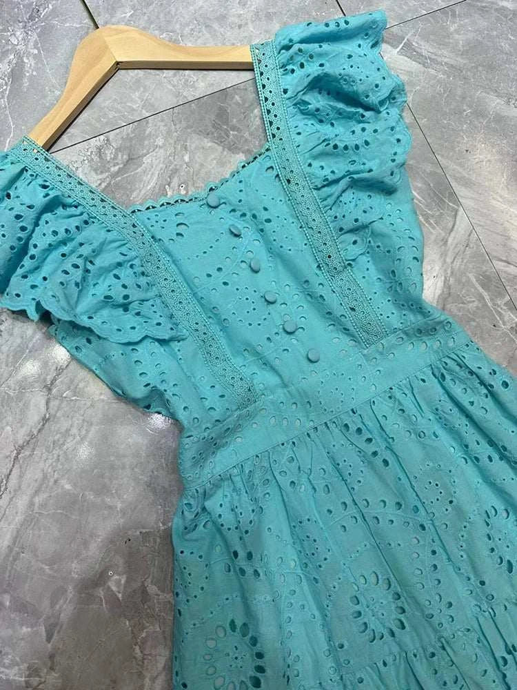 Solid Elegant Slimming Dress Women Square Collar Flying Sleeve Dress