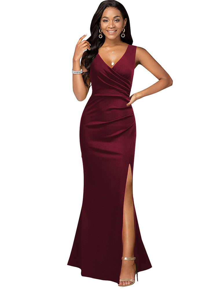 Prom Summer Dresses Women Solid V-neck Sleeveless Split Dresses - Acapparelstore