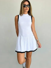 Knitted Sexy Round Neck Pleated Women Sleeveless Dress