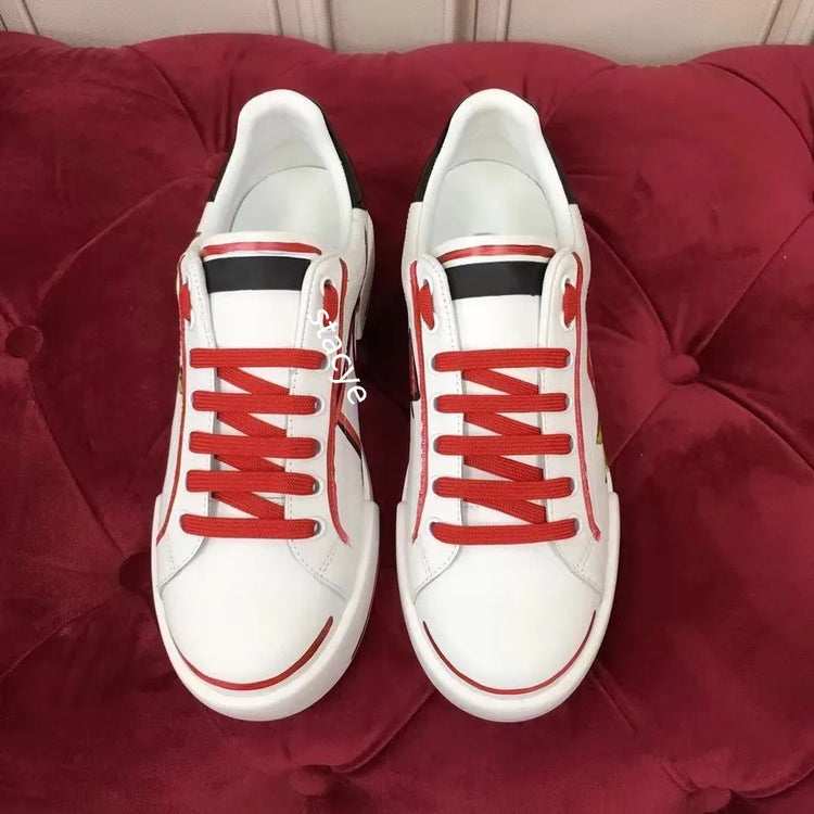 Flats Casual Shoes White Sports Shoes Rose Flowers AppliquesWomen&