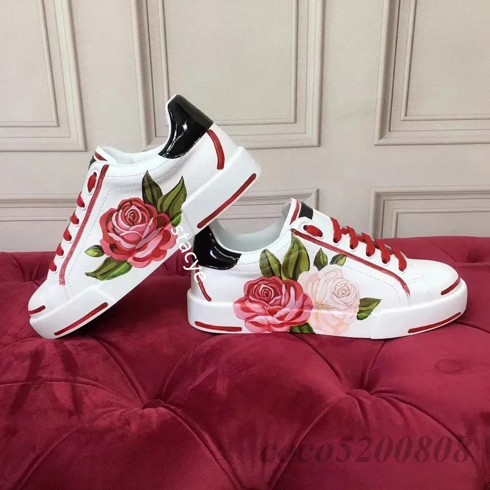 Flats Casual Shoes White Sports Shoes Rose Flowers AppliquesWomen&