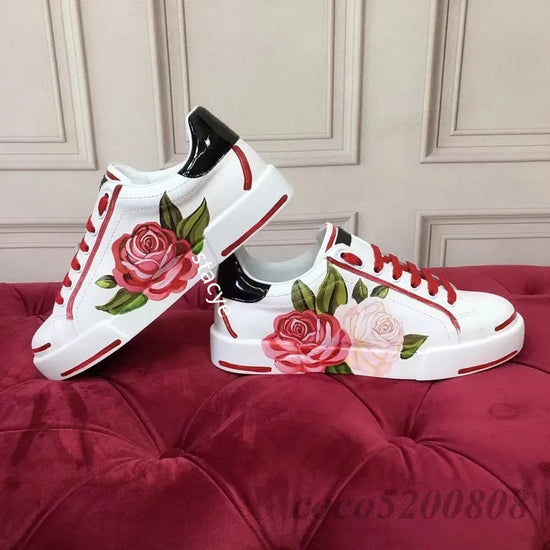 Flats Casual Shoes White Sports Shoes Rose Flowers AppliquesWomen&