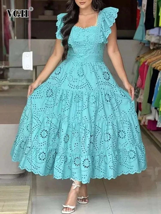 Solid Elegant Slimming Dress Women Square Collar Flying Sleeve Dress