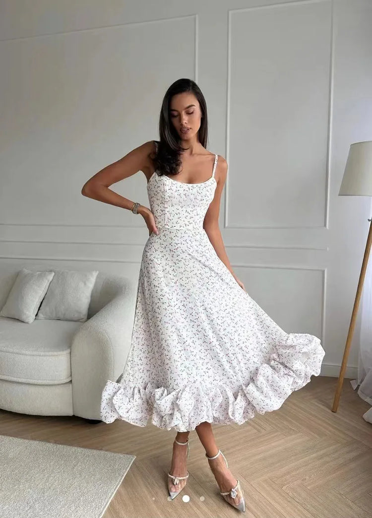 Elegant Ruffle Solid Sling Long Dress