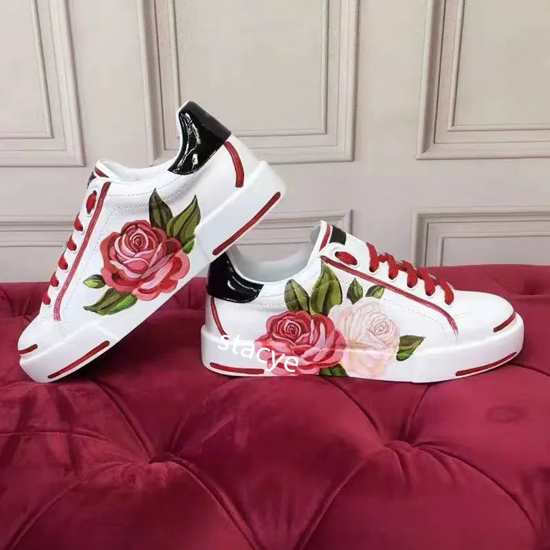 Flats Casual Shoes White Sports Shoes Rose Flowers AppliquesWomen&
