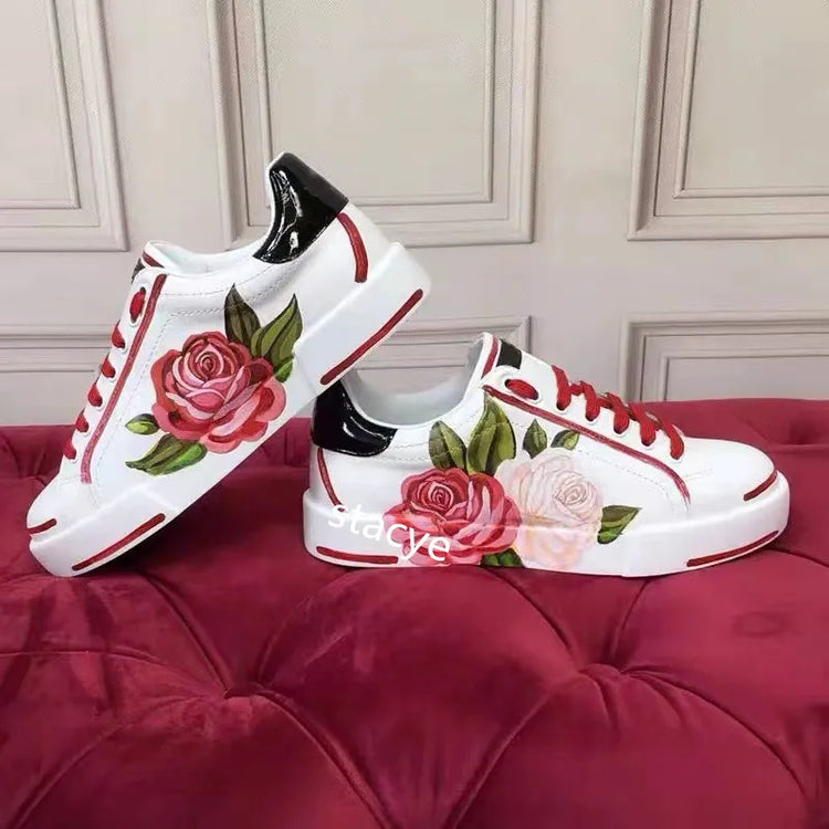 Flats Casual Shoes White Sports Shoes Rose Flowers AppliquesWomen&