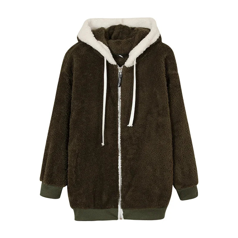 Jacket Loose Plush Zipper Hooded JacketNew Style Autumn Winter Women&