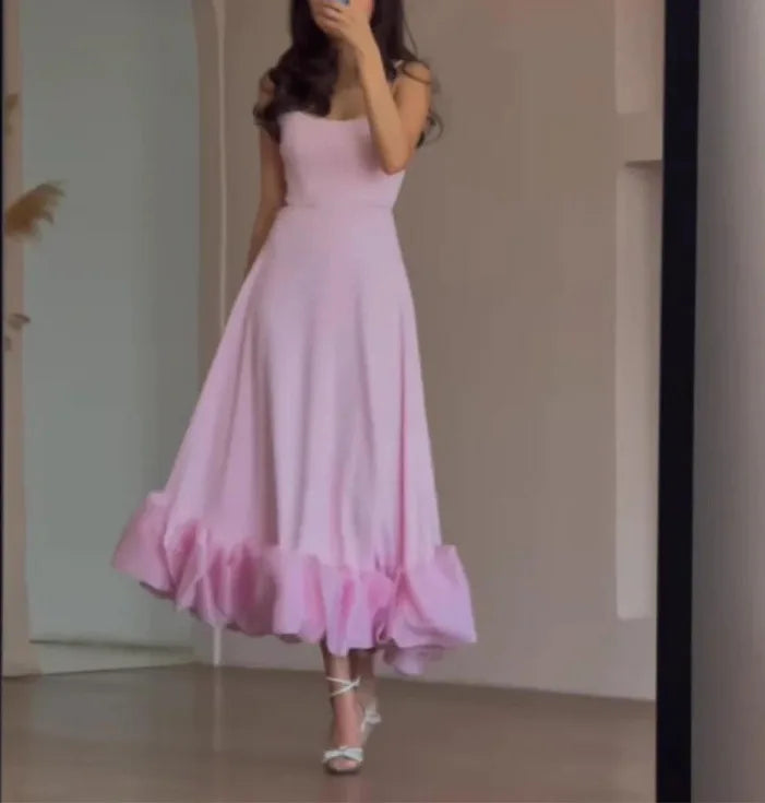 Elegant Ruffle Solid Sling Long Dress