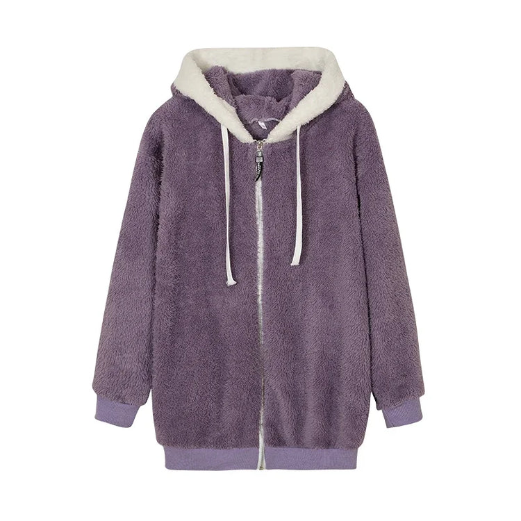 Jacket Loose Plush Zipper Hooded JacketNew Style Autumn Winter Women&
