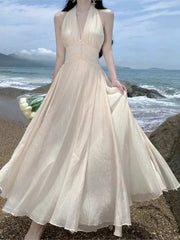 Women Summer Sleeveless Halter Long White Maxi Dress