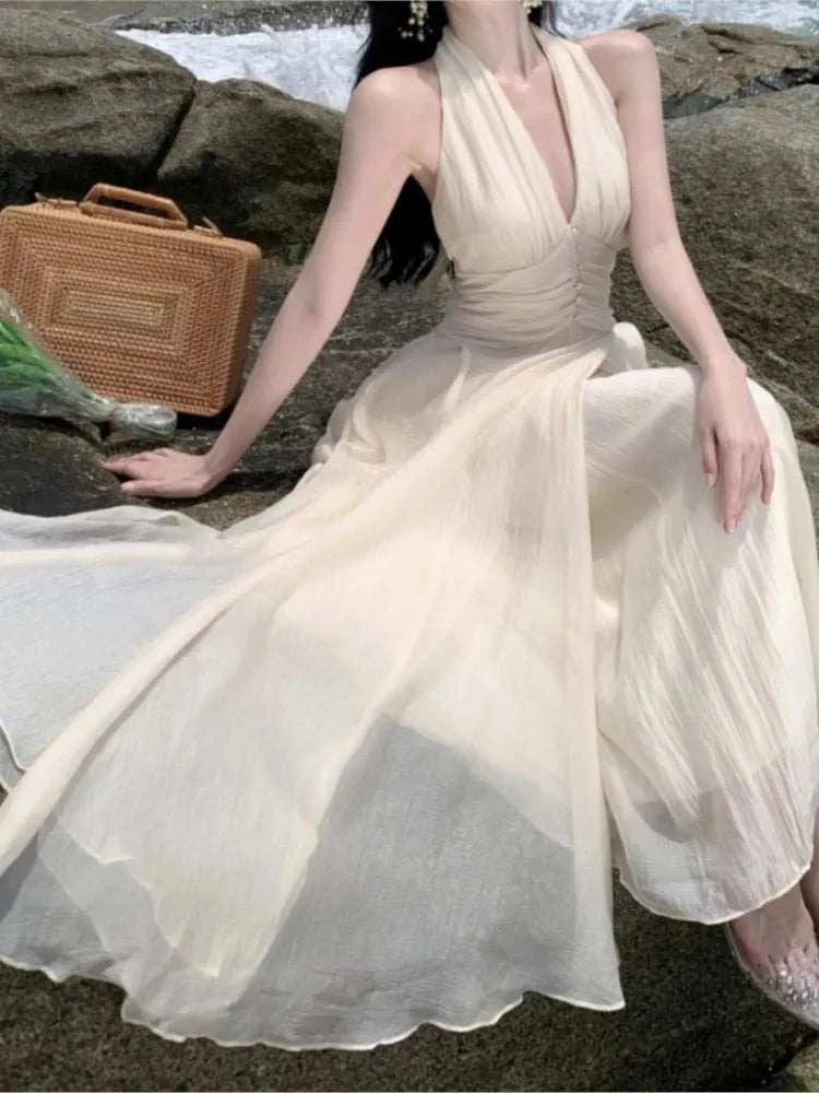 Women Summer Sleeveless Halter Long White Maxi Dress