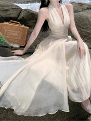 Women Summer Sleeveless Halter Long White Maxi Dress