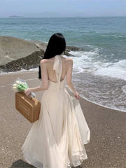 Women Summer Sleeveless Halter Long White Maxi Dress