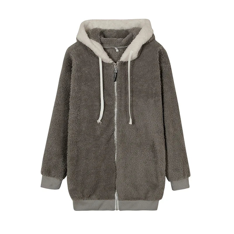 Jacket Loose Plush Zipper Hooded JacketNew Style Autumn Winter Women&