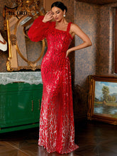 Red Wedding Formal Dress WomenNew Red Wedding Formal Dress Women One Shoulder Mesh Lantern Sleeve Dr