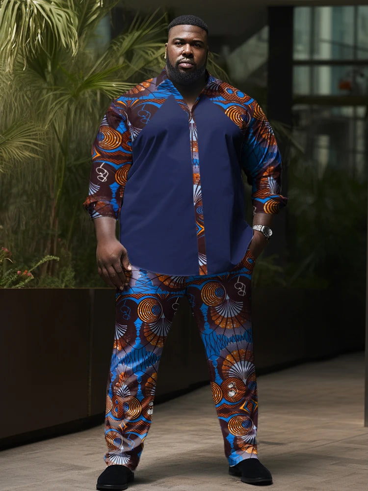 Size Men'Plus Size Men's Retro Totem Long-Sleeved Shirt Straight Pants Suit
