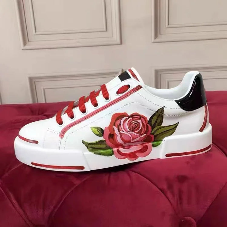 Flats Casual Shoes White Sports Shoes Rose Flowers AppliquesWomen&