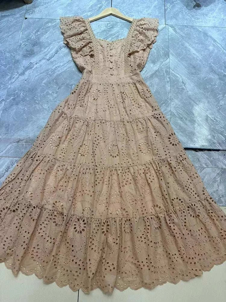 Solid Elegant Slimming Dress Women Square Collar Flying Sleeve Dress
