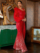 Red Wedding Formal Dress WomenNew Red Wedding Formal Dress Women One Shoulder Mesh Lantern Sleeve Dr