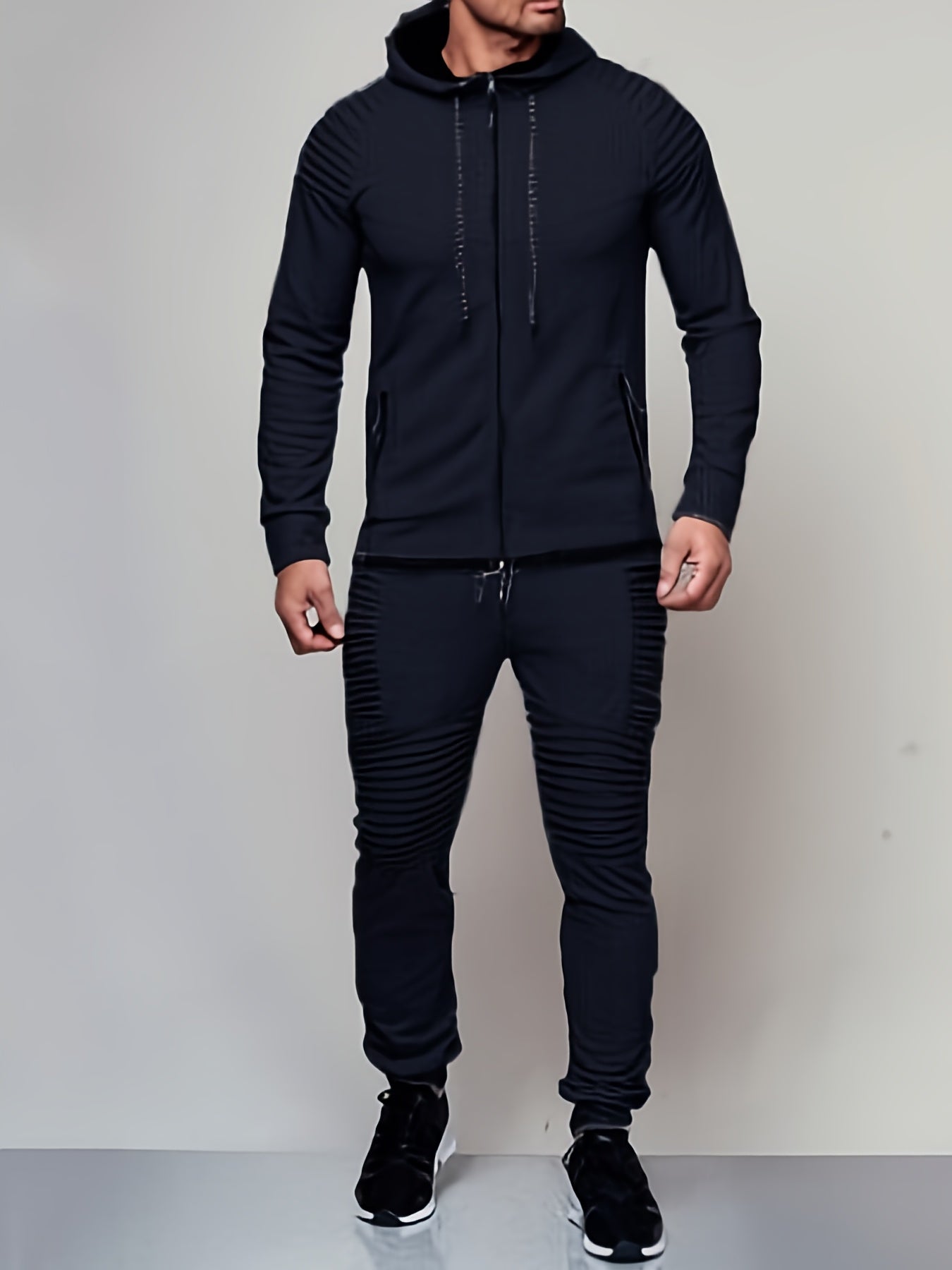 Men's Solid Color Long Sleeve Straps Sweatsuits Hoodie Zip Pockets Top